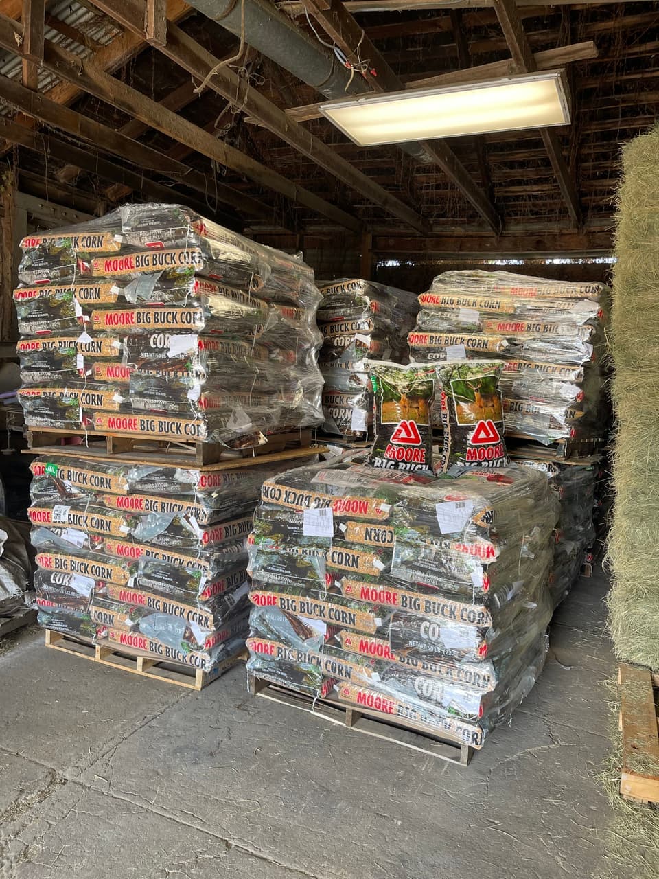 Pallets of Moore Big Buck Corn deer feed stocked in the warehouse ahead of hunting season at Mustang Creek Feed Seed & Supply