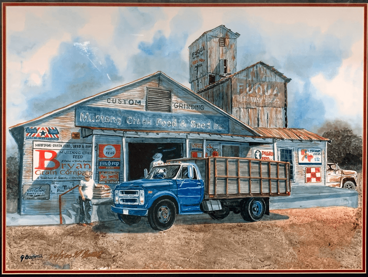 Mustang Creek Feed Seed & Supply storefront and delivery truck in Rio Vista, Texas.